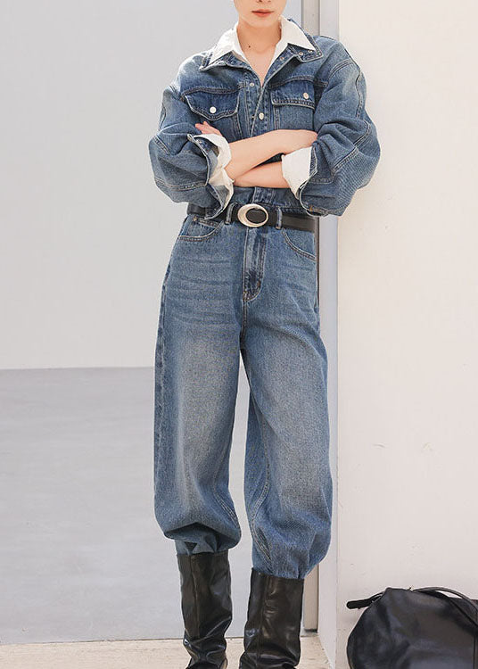 Chic Blue Peter Pan Collar Pockets Patchwork Denim Jumpsuit Fall