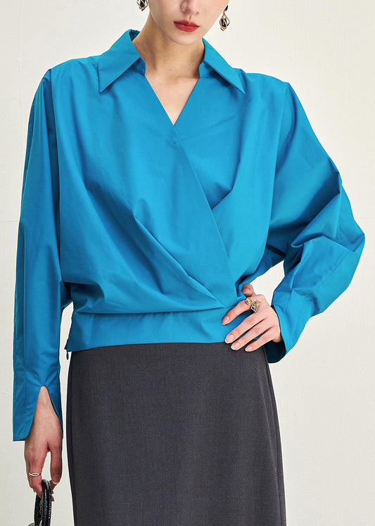 Chic Blue Peter Pan Collar Solid Cotton Shirts Fall