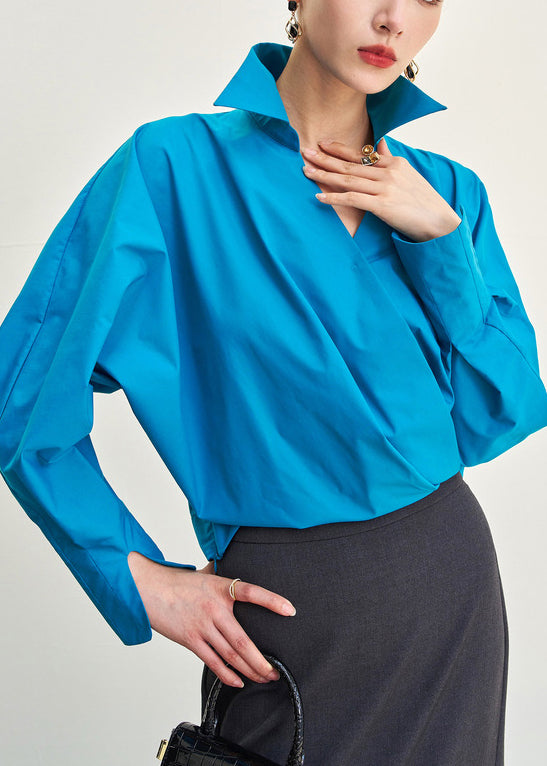 Chic Blue Peter Pan Collar Solid Cotton Shirts Fall