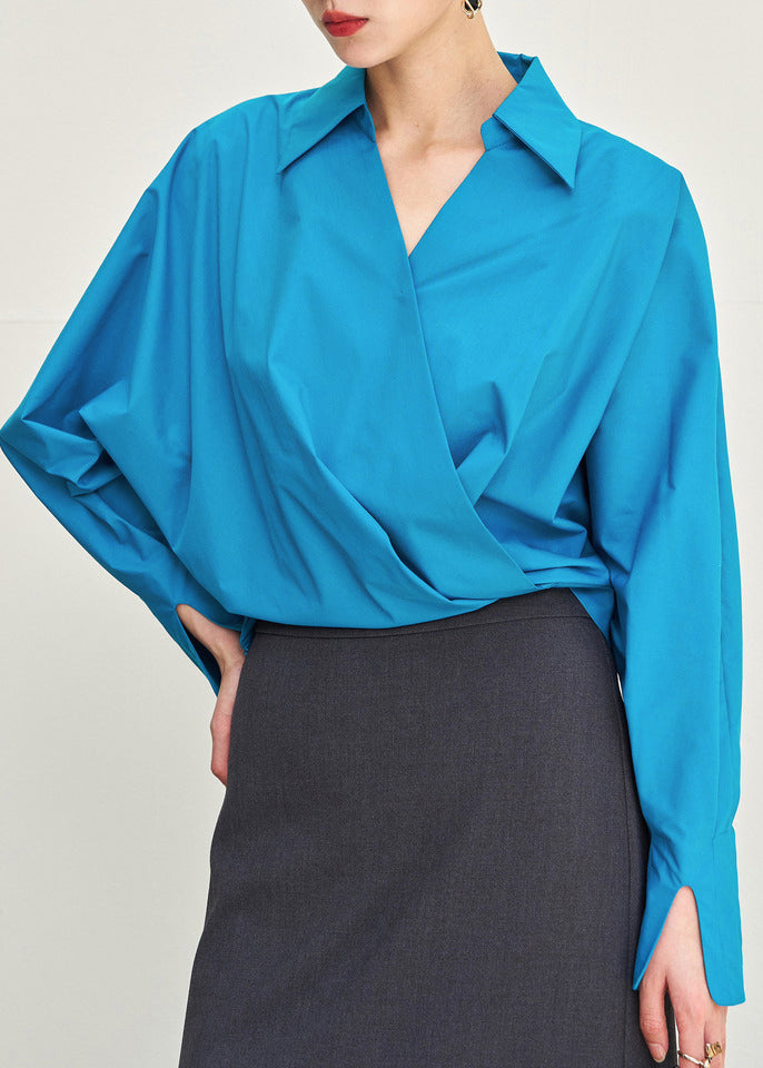 Chic Blue Peter Pan Collar Solid Cotton Shirts Fall