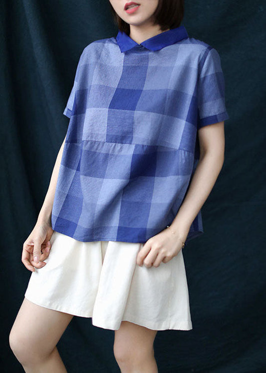 Chic Blau Plaid Peter Pan Kragen Patchwork Leinen Hemd Tops Sommer