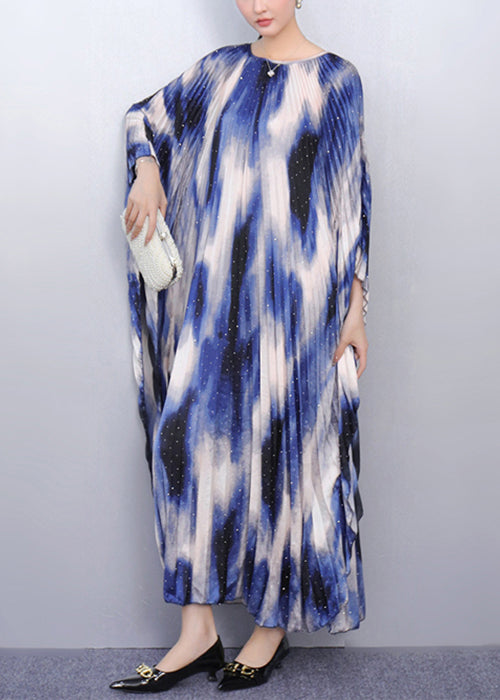 Chic Blue Print Oversized Long Dresses Batwing Sleeve