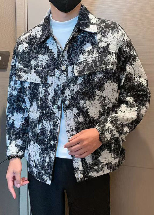 Chic Blue Print Pockets Cotton Mens Coats Fall