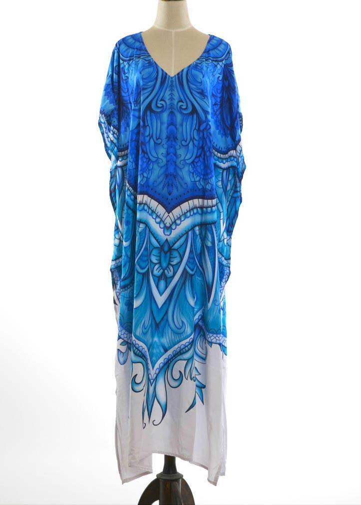 Chic Blue Print kimono robe Maxi Dresses Cotton Dress - SooLinen