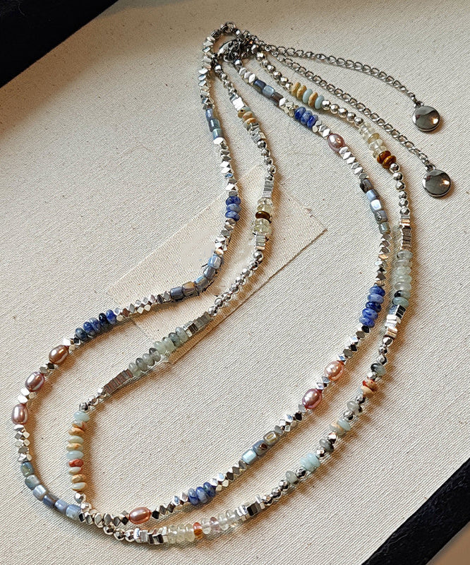 Chic Blue Square Stringing Beads Adjustable Silver Necklace