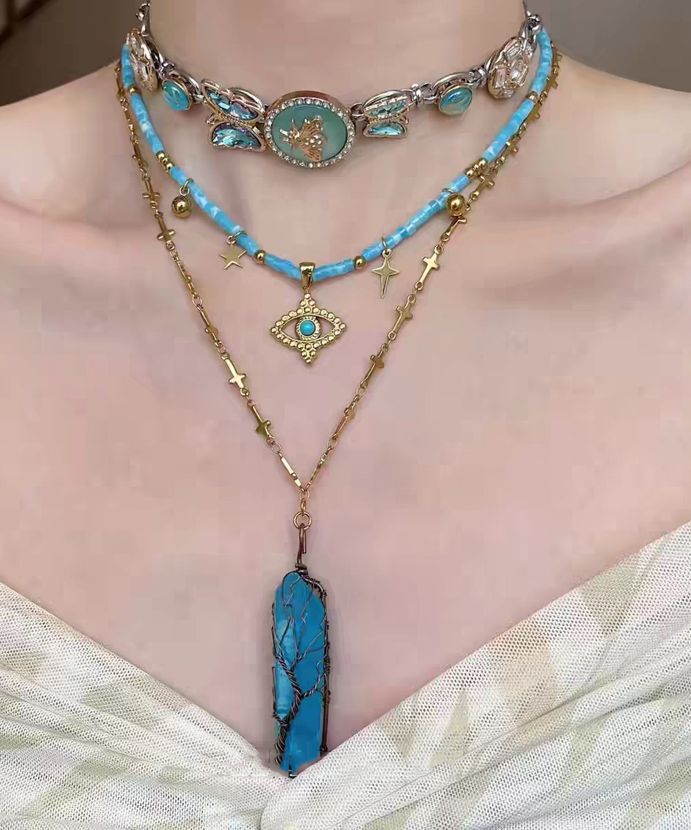 Chic Blue Stainless Steel Crystal Butterfly Beading Pendant Necklace Three-Piece Set