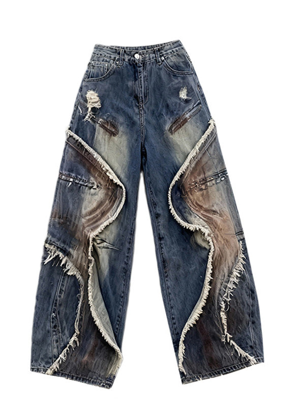 Chic Blue Tasseled Pockets Patchwork Denim Wide Leg Pants Spring