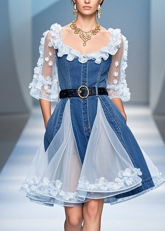Chic Blue Tulle Ruffled Floral Denim Mid Dress Summer