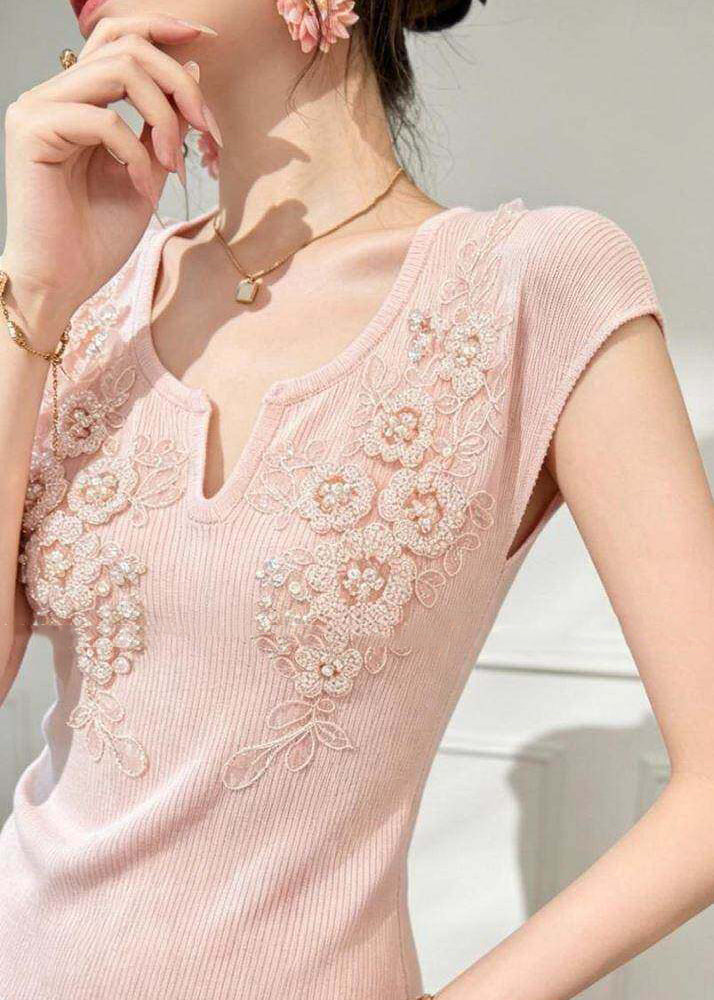 Chic Blue V Neck Floral Nail Bead Knit Top Summer