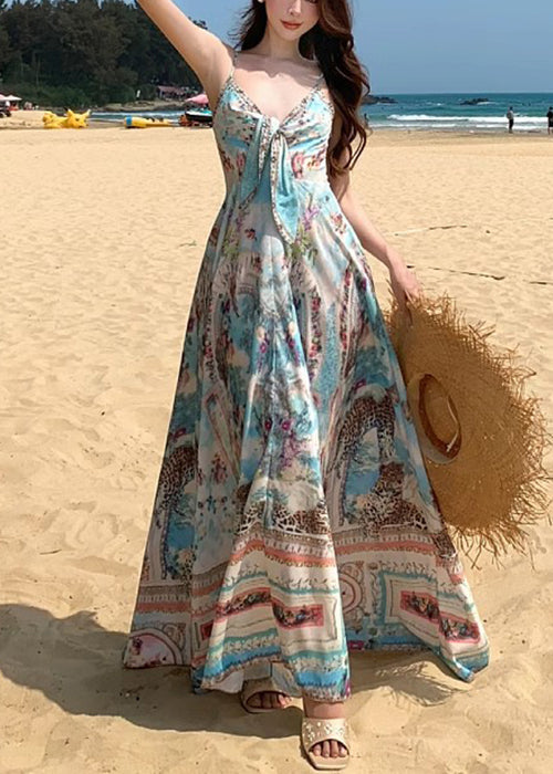 Chic Blue V Neck Print Cotton Spaghetti Strap Dress Sleeveless