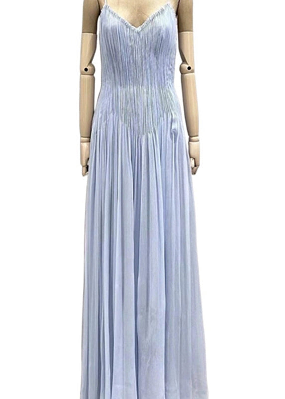 Chic Blue V Neck Wrinkled Cotton Spaghetti Strap Dress Summer