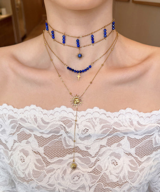 Chic Blue Wenshixing Solar Tassel Layering Alloy Three Piece Set Pendant Necklace