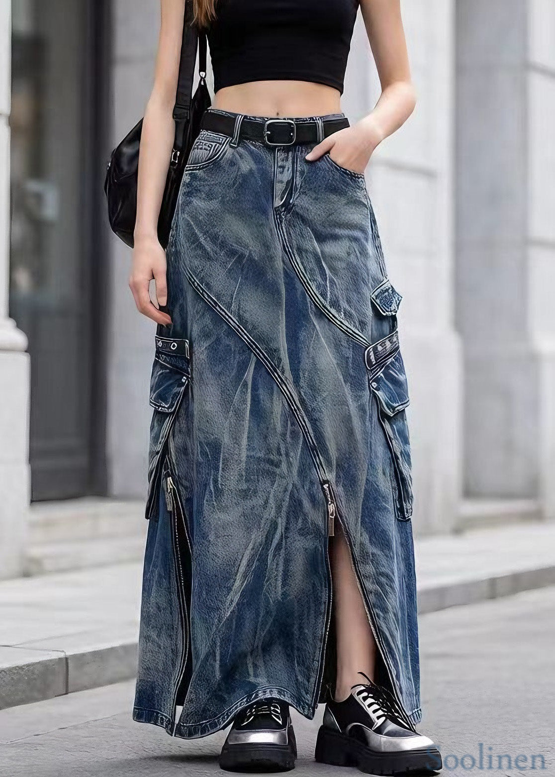 Chic Blue Zip Up Pockets Tie Dye Denim Skirts Spring