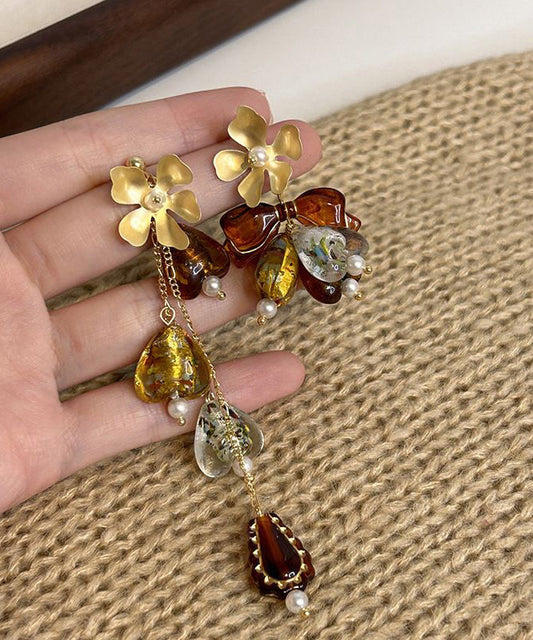 Elegante, braun-kupferfarbene, vergoldete Zirkonia-Ohrhänger mit asymmetrischem Blumenquasten-Design und floralem Muster