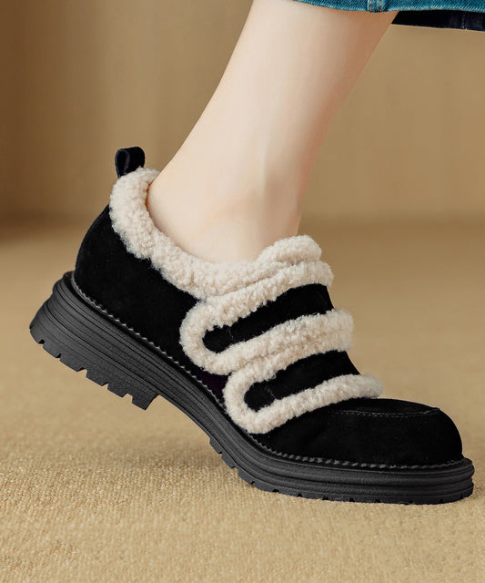 Elegantes zapatos planos de plataforma de ante con forro de lana afelpada marrón