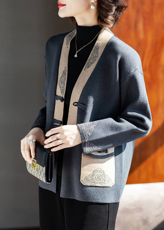 Chic Charcoal Grey V Neck Print Pockets Woolen Coat Spring