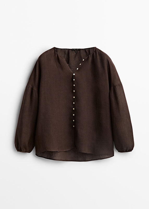 Camisas elegantes de color chocolate con cuello en V y diseño patchwork, de manga farol.