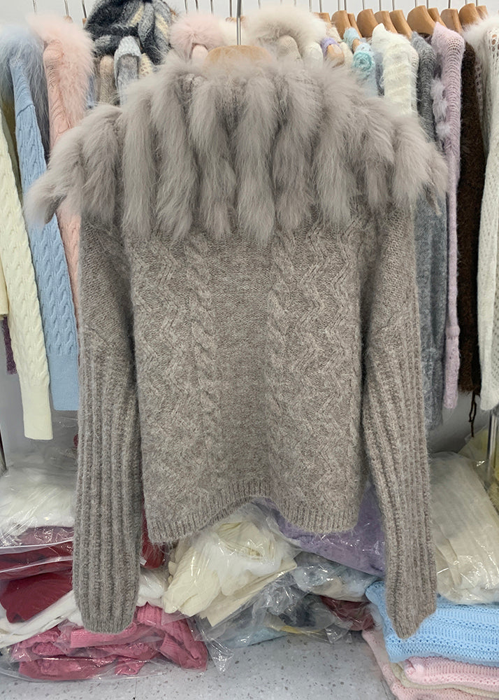 Cárdigan de punto de algodón con cuello de zorro y cremallera de patchwork de color café elegante para invierno