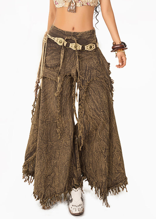 Chic Coffee High Waist Tassel Wide Leg Pants Summer