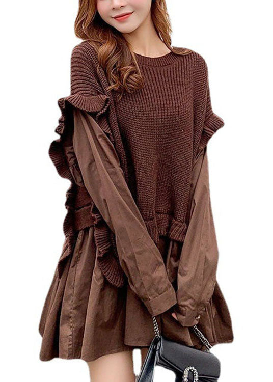 Schicke Kaffee-Strick-Patchwork-Pullover mit Rüschen