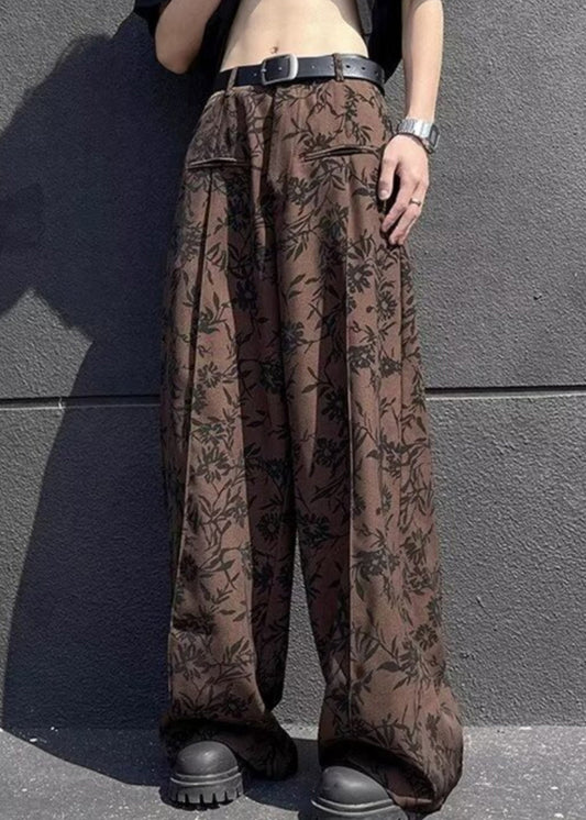 Chic Coffee Print High Waist Cotton Men Wide Leg Pants Summer
