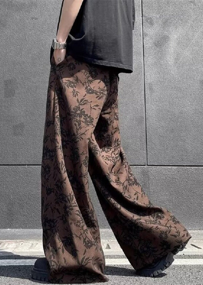 Chic Coffee Print High Waist Cotton Men Wide Leg Pants Summer