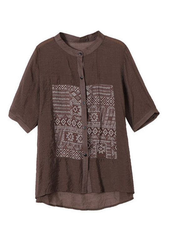 Top de algodón con cuello alto, estampado de patchwork y manga corta, estilo café chic