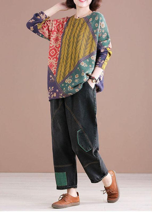 Chic Color Block O-Neck Print Cotton Sweater - SooLinen