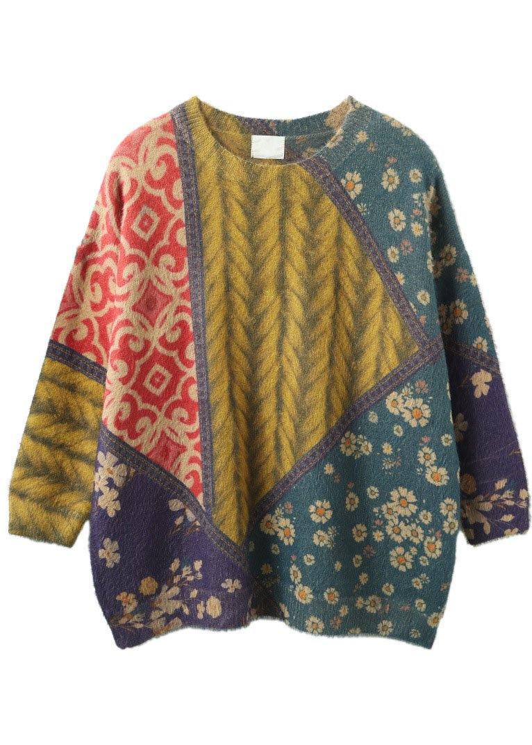 Chic Color Block O-Neck Print Cotton Sweater - SooLinen