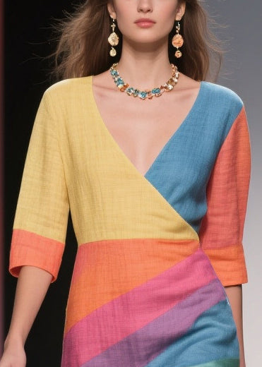 Chic Colorblock Asymmetrical Side Open Linen Silk Dress Half Sleeve