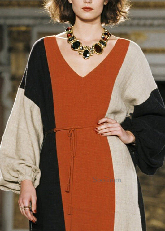Schicke Baumwollkleider mit Farbblock-Design, asymmetrischem Bindegürtel und Taillengürtel für den Frühling