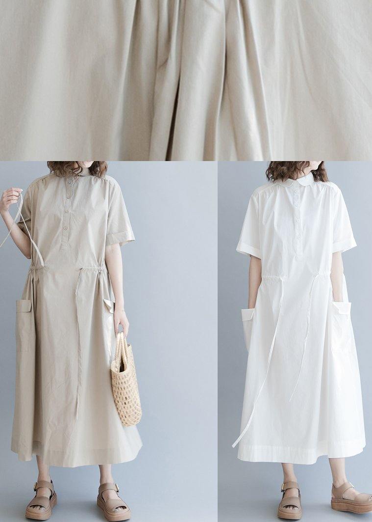 Chic Drawstring Cotton Summer Clothes For Women Runway Khaki long Dresses - SooLinen