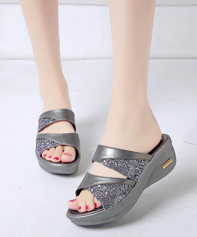 Schicke goldene Pailletten Keilabsatz Slide Sandalen Peep Toe