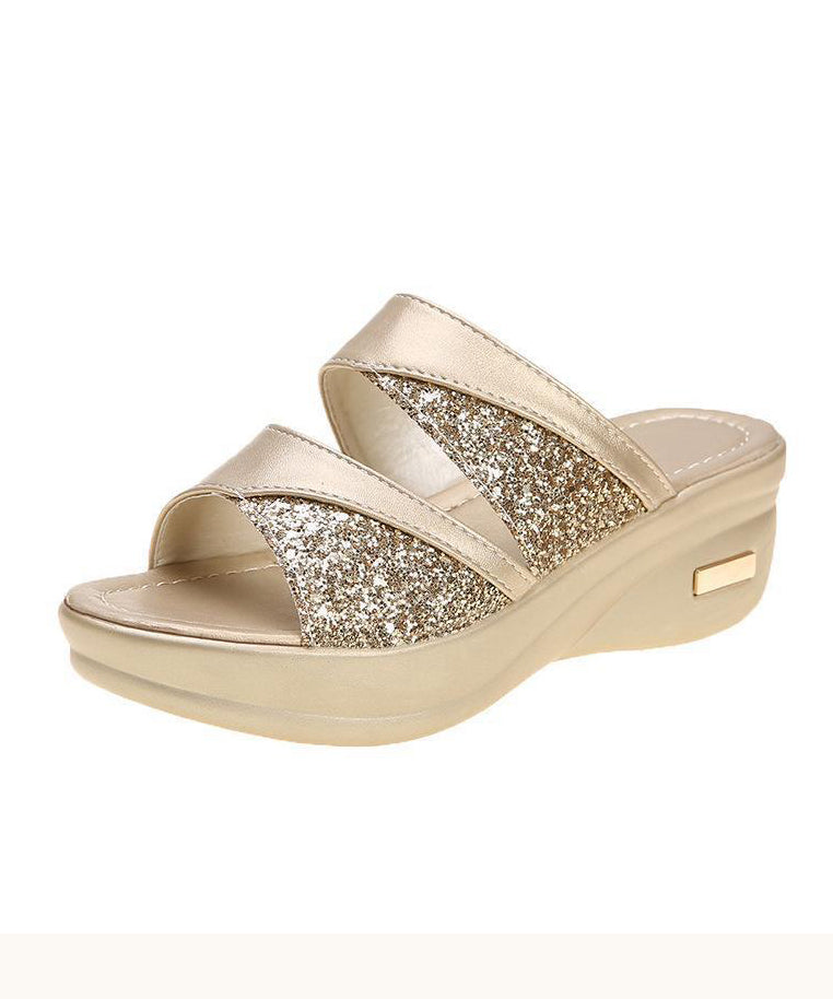 Schicke goldene Pailletten Keilabsatz Slide Sandalen Peep Toe