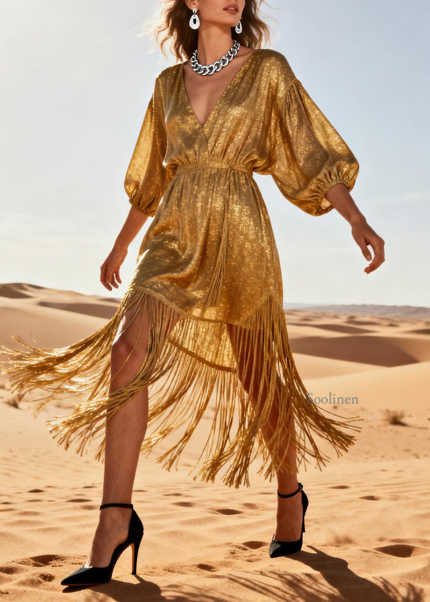 Chic Gold V Neck Tassel Patchwork Cotton Dress Summer
