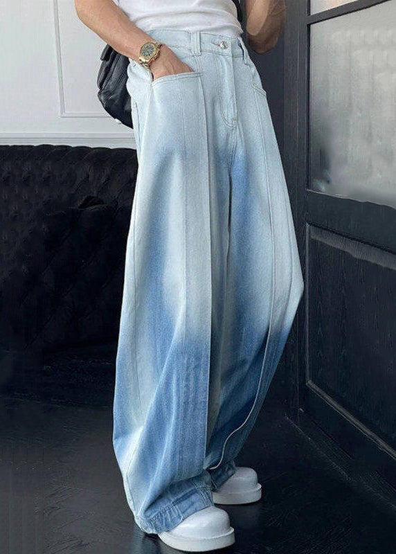 Chic Gradient Color Pockets High Waist Denim Men Wide Leg Pants Summer