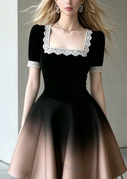 Chic Gradient Color Square Collar Lace Patchwork Cotton Dress Summer