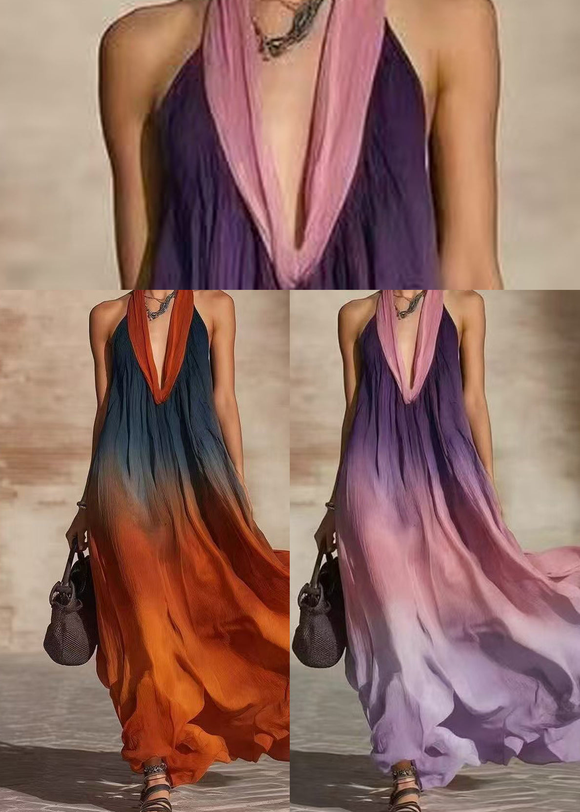 Chic Gradient Purple Backless Hatle Cotton Vacation Dresses Summer