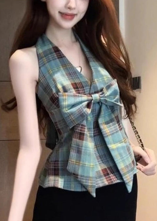 Chic Green Backless Plaid Halter Vests Summer