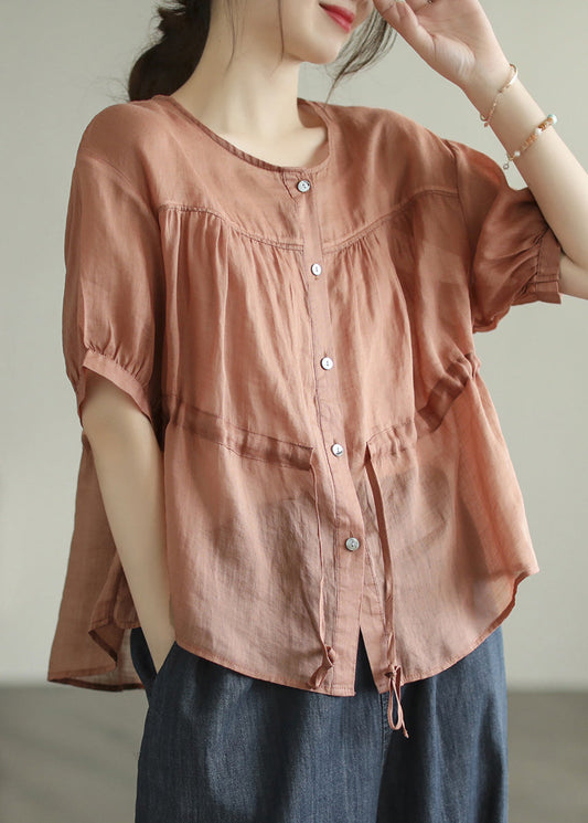 Camisa elegante de manga corta de ramio liso con cuello redondo, patchwork, cintura arrugada y lazo en color verde