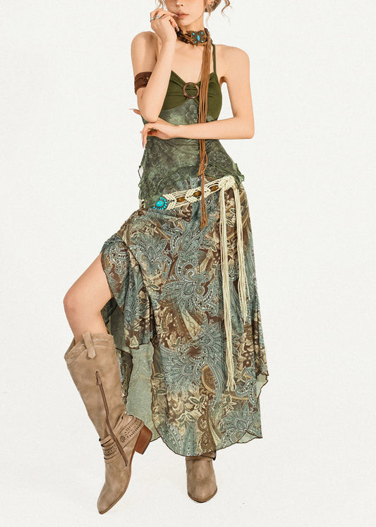 Chic Green Print Top And Maxi Skirts Two Pieces Set Sleeveless