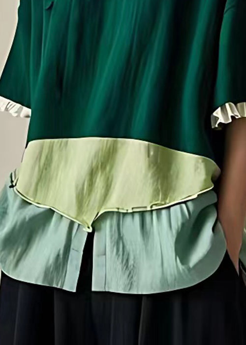 Chic Green Ruffled Patchwork Cotton Shirts Half Sleeve