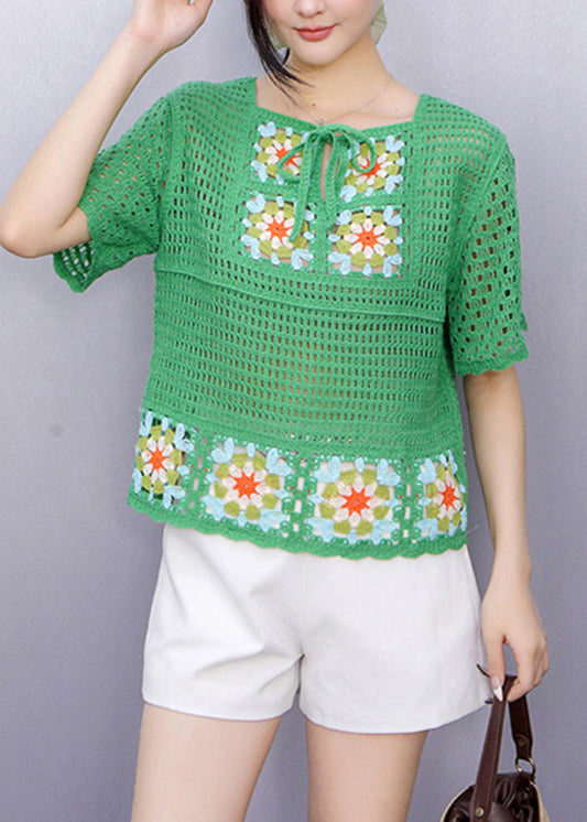 Chic Green Square Collar Tie Lace Knit Top Summer