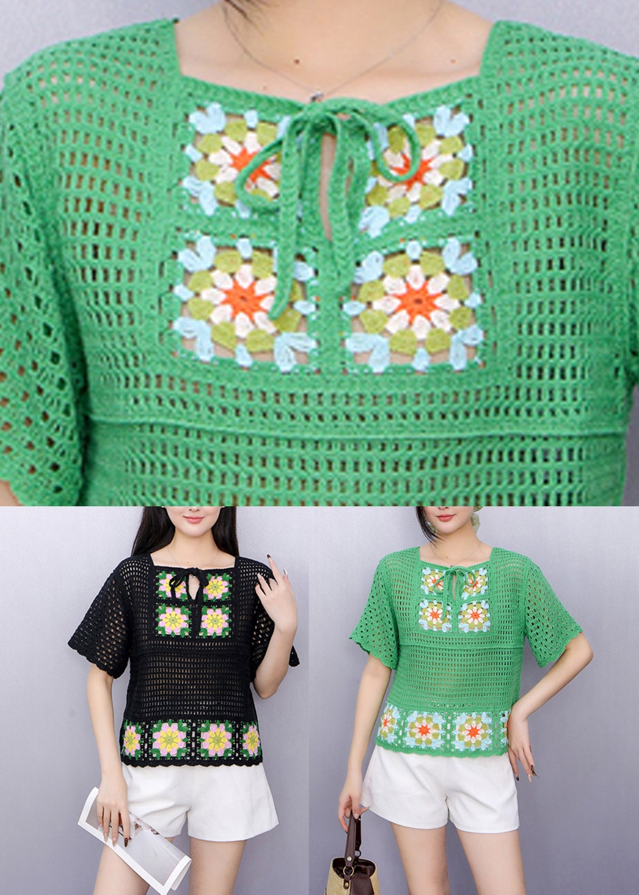 Chic Green Square Collar Tie Lace Knit Top Summer