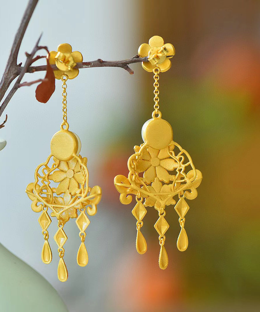 Schicke grüne florale Tropfenohrringe aus Sterlingsilber mit Jadeperlen