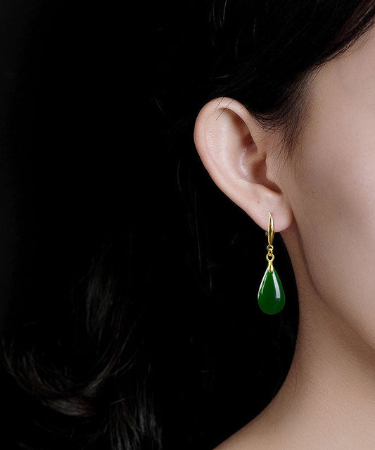 Schicke grüne Sterling Silber Overgild Jade Wassertropfen Tropfen Ohrringe