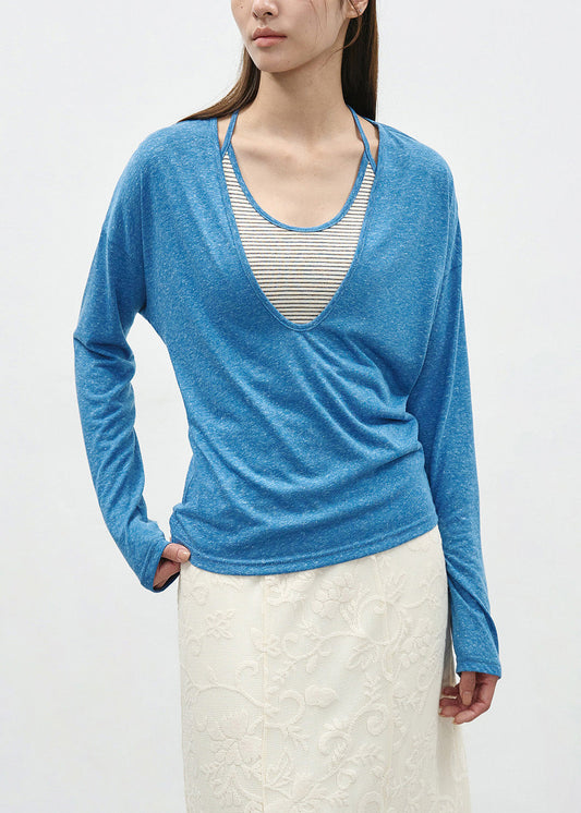 Chic Grey False Two Pieces Patchwork Cotton T Shirts Spring