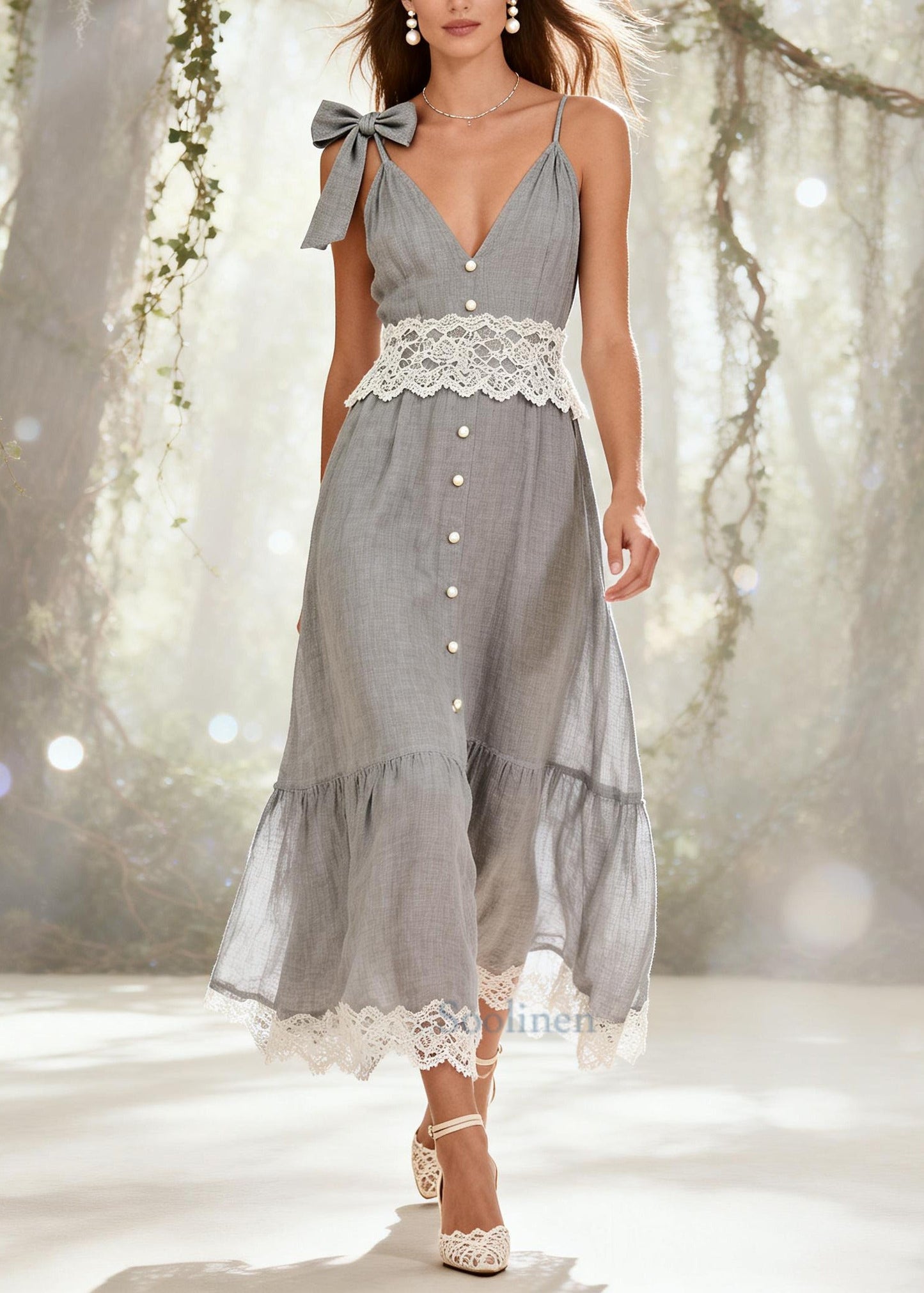 Chic Grey Patchwork Lace Fine Pearl Spaghetti Strap Dress Summer