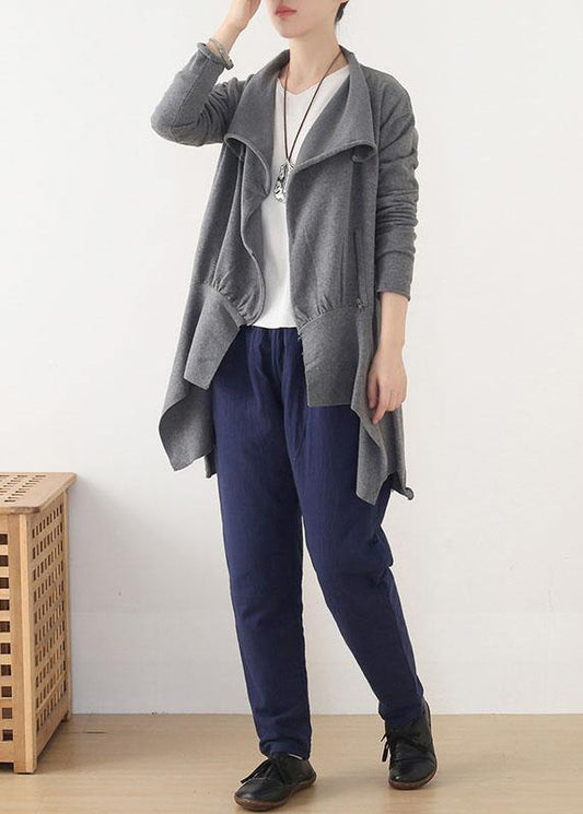 Chic Grey Peter Pan Collar Zippered Fall Short Coat - SooLinen