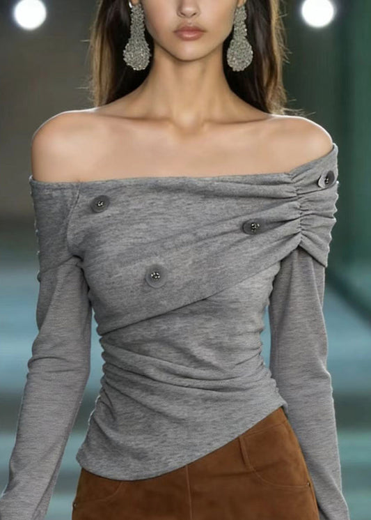 Chic Grey Slash Neck Fur Patchwork Sequins Cotton T Shirts Spring